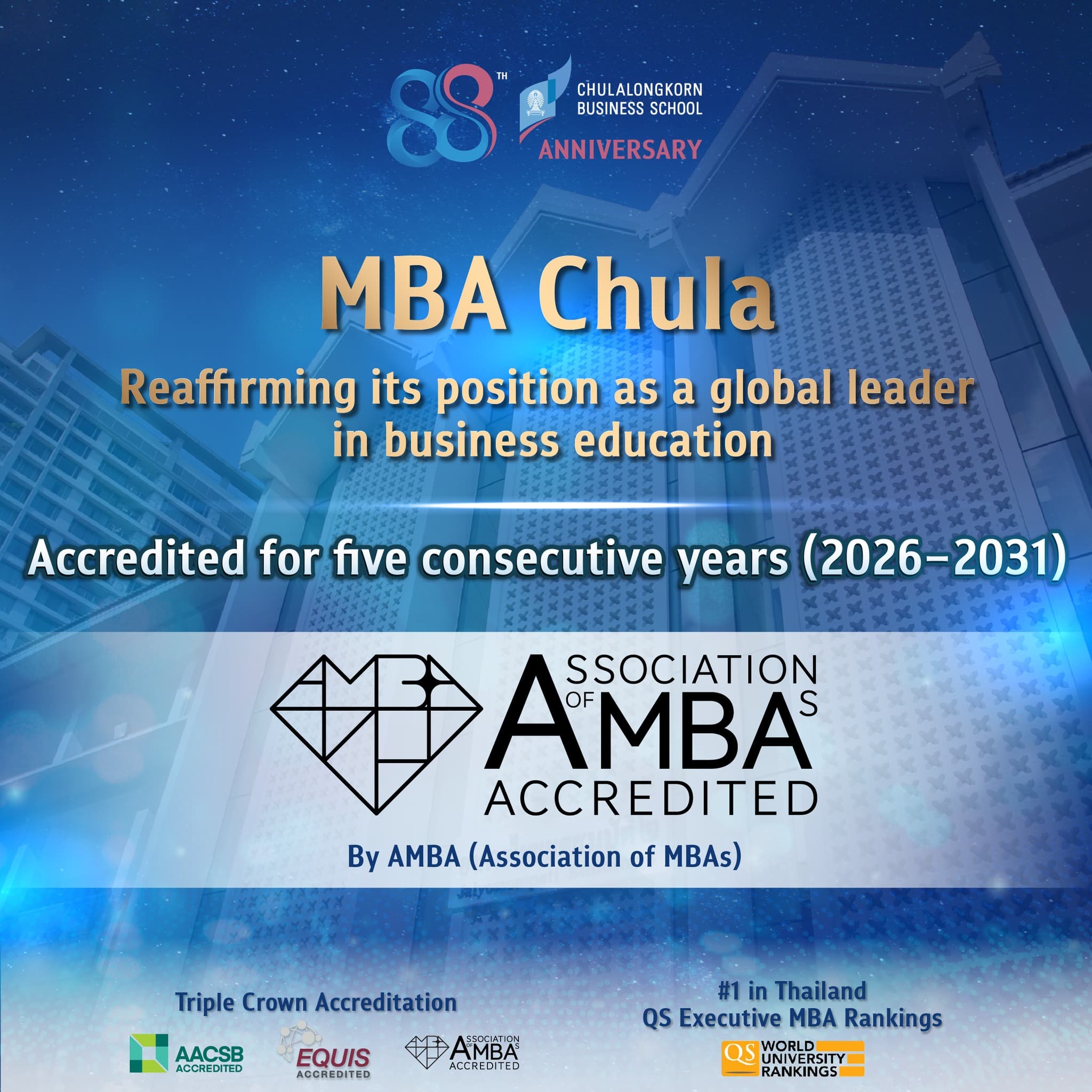 MBA Chula reaffirms our status as a global leader in education by receiving consecutive accreditation from the Association of MBAs (AMBA)